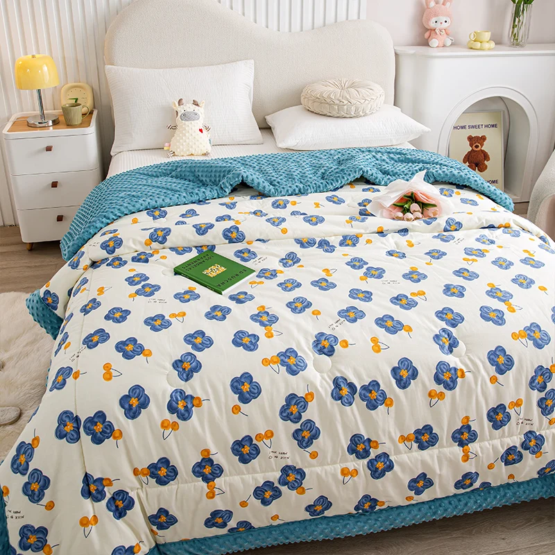 Couette florale botanique en velours doux et confortable pour filles et adolescents, couette florale bleue, décor de chambre, haricots chauds, 1 pièce