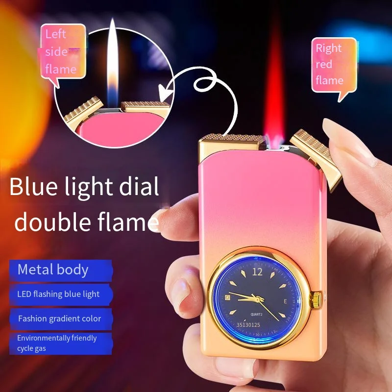 Personalized Double Flame Watch Inflatable Lighter Three-in-one Dial Gradient Butane Gas Lighter Unique Gift for Girls