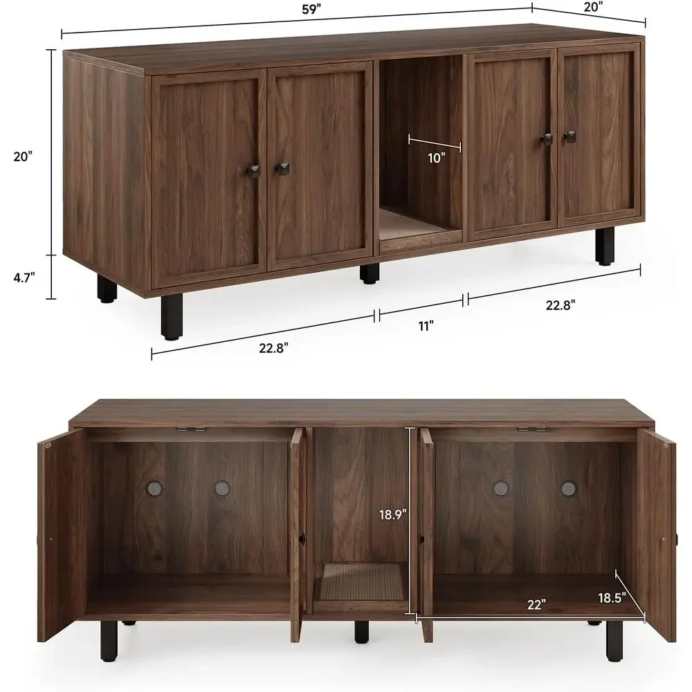 59 Double-Room Cat Litter Box Enclosure with Scratch Pad and Wooden TV Stand Side Table, Walnut Finish