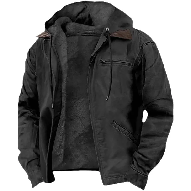 Hooded Pocket Coat Relaxed Fit with Winter Standing Pocket Print Winter Jacket Daily Zipper Front Zipper Autumn Jacket for Men