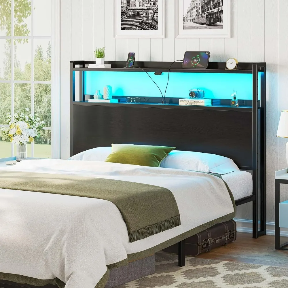 Rolanstar Full Size Headboard with Storage - 60000 DIY Color LED Lights USB Type C Port Height Adjustable Wood Black
