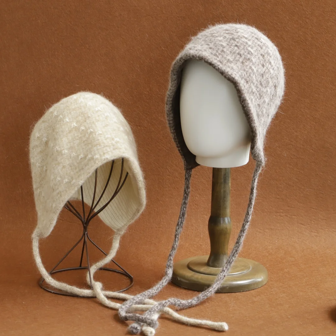 NEW Wool Women's Winter Knitted Hats Cute Lace-up Students Pullover Hat Autumn Winter Warm Windproof Earflap Beanies Female