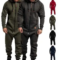 Plus Fleece Zipper Jumpsuit Zipper Placket Windproof Male Long Sleeve Men Hoodie Jumpsuit