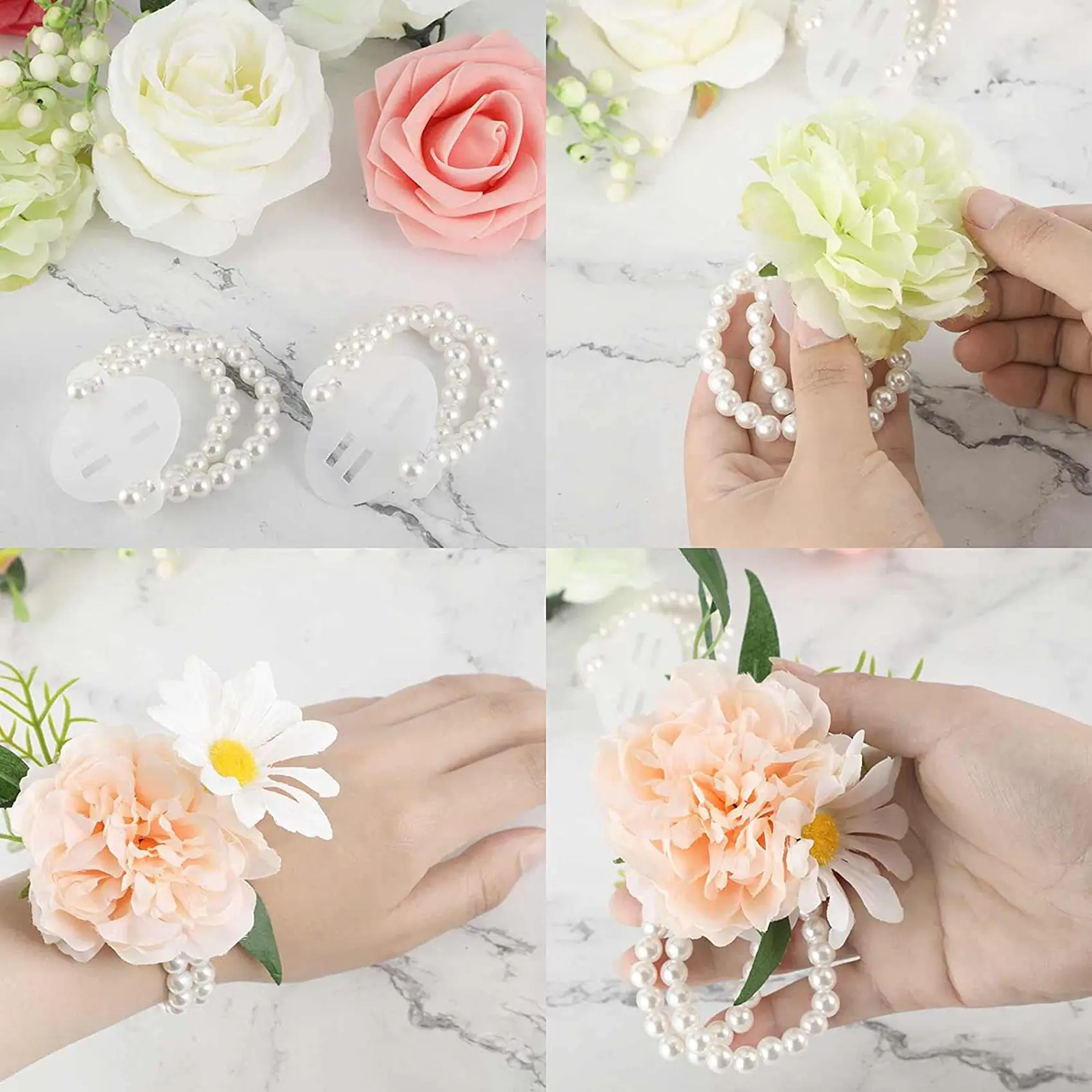 A84X-80Pcs Elastic Pearl Wrist Bands Corsage Accessories Wedding Wrist DIY Artificial Flowers Decor For Wedding Beach Party