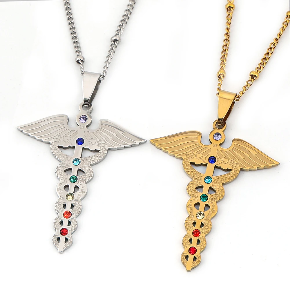 

Caduceus Wings 7 Chakras Rhinestones Spiritual Healing Medical Symbol Pendant Necklace Stainless Steel Asclepius Amulet Jewelry