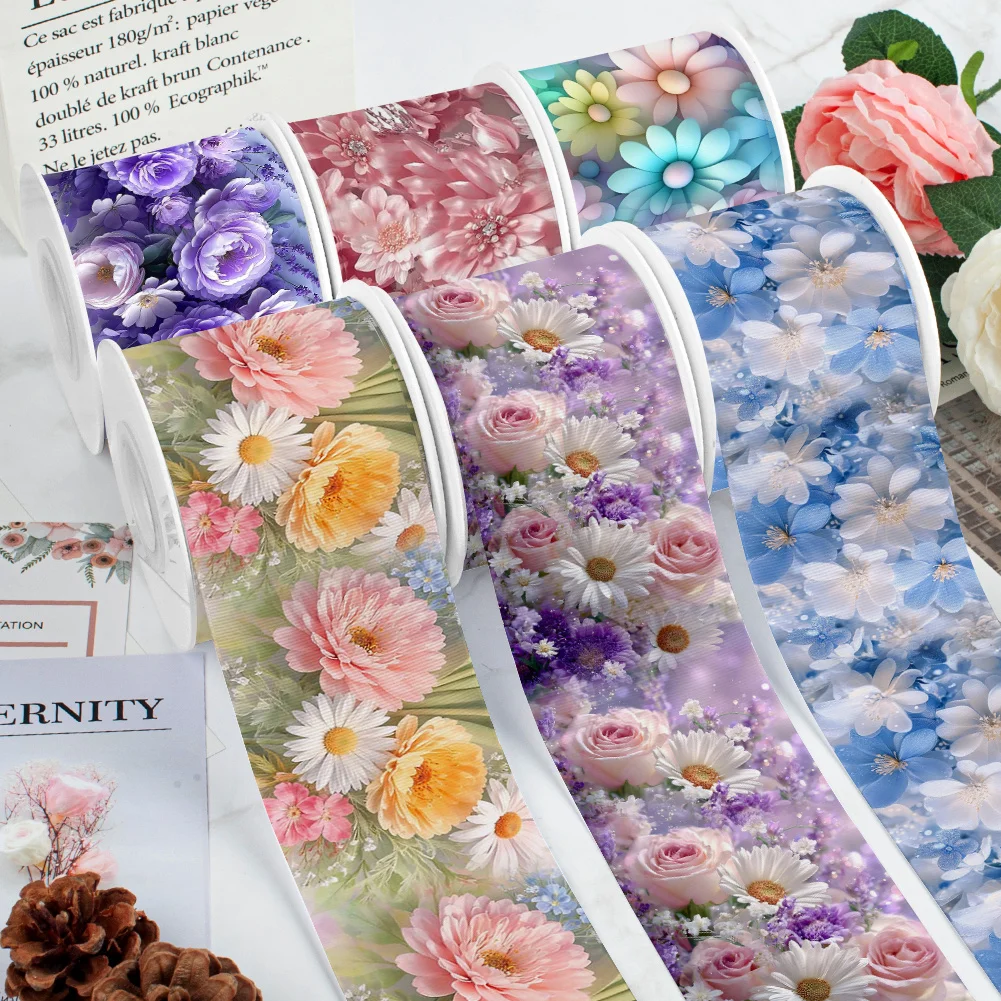 Flower Floral Printing Pattern Grosgrain Ribbon Satin Ribbon for Cheer Bows Girl Hair Bows Cartoon DIY Craft Supplies Badge