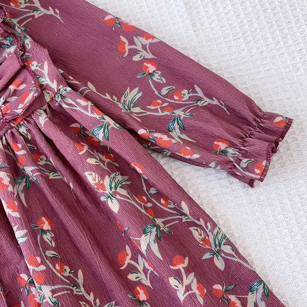 Bear Leader 3-7 Jahre Herbst Neue Lila Blumendruck Mädchen Freizeitkleider Modische Einreiher Langarm Kinderkleid – Detail 5