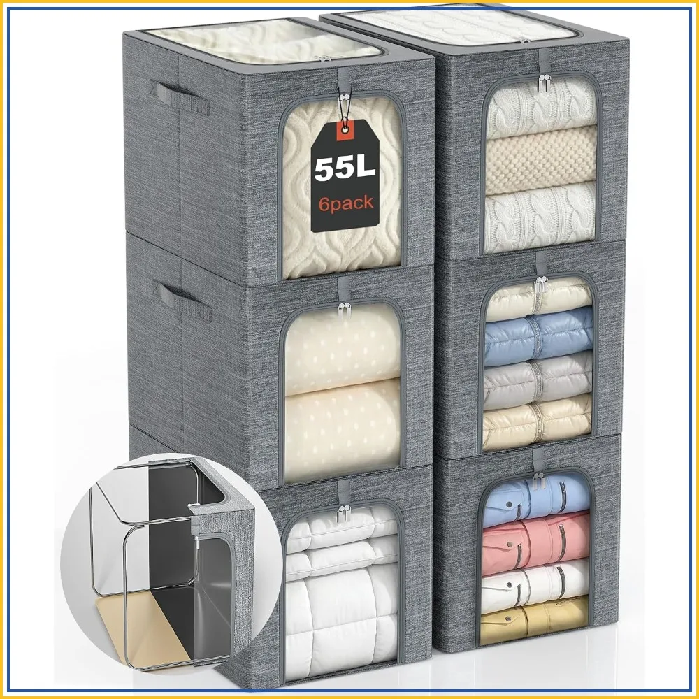 

6-Pack Large Storage Bins with Lids, 55L Closet Organizers for Bedding, Clear Window, Metal Frame, Foldable