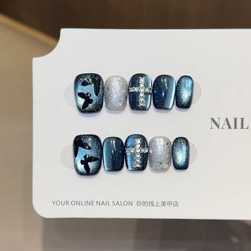 

10 Pieces Blue Cat Eye Starry Black Butterfly Handmade Press On Nails Sparkling Diamond Cross Art Fake Nails Removable Reusable