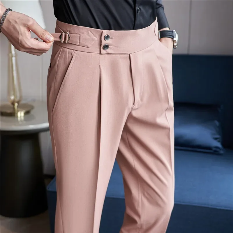 

High Waist Suit Pants Men Trousers 2023 Autumn British Style Stretch Slim Pantalone Hombre Solid Casual Dress Pants Men Clothing