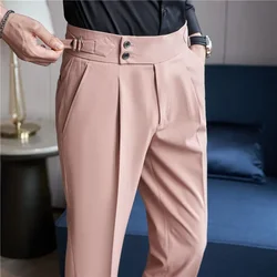 High Waist Suit Pants Men Trousers 2024 Autumn British Style Stretch Slim Pantalone Hombre Solid Casual Dress Pants Men Clothing