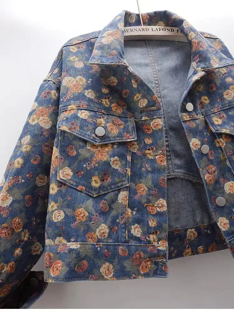 Retro-Modedesign-Sinn Nischendruck-Jeansjacke Damen Herbst und Winter neue lockere lässige Joker-Kurzjacke.