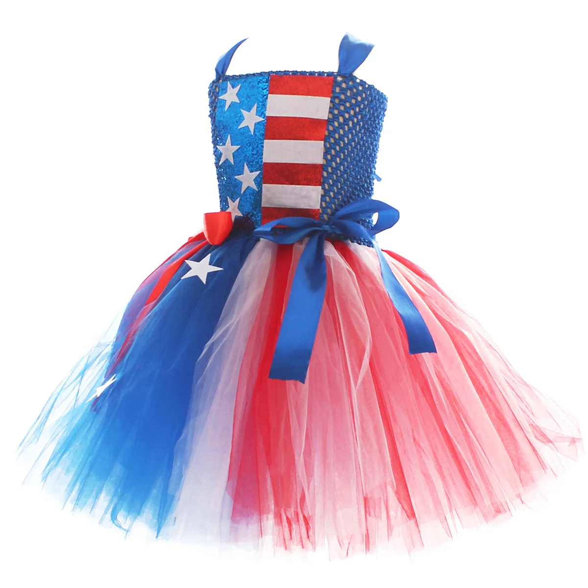 Girls Tutu Dress Suit American Flag Sequin Bow Costume USA Independence Day Stars  Carnival Holiday Outfit Patriotic Clothes