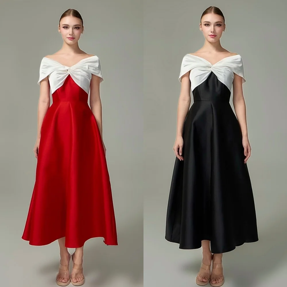 

Customized Simple Exquisite Pleat Draped A-line Off-the-shoulder Midi Dresses Bespoke Occasion Dresses Sizes Available Fashion
