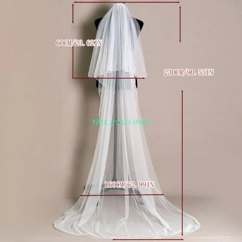 E15E غطاء رأس زفاف من التول خفيف الوزن مع مشط شعر آمن وقابل للتنفس، إكسسوار زفاف طويل باللون الأبيض #6