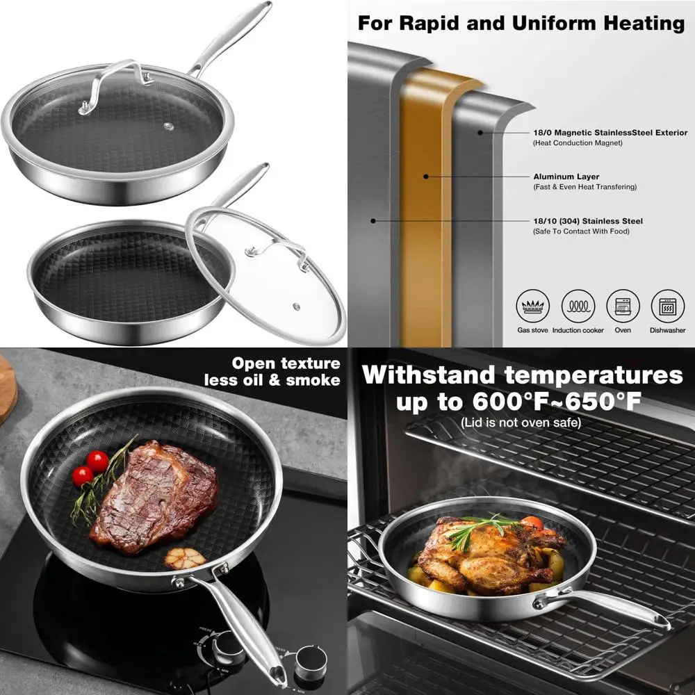 

Ceramic Coated Nonstick Stainless Steel Frying Pan Set, 8-10 Inch Skillets with Lids, Tri-Ply Construction for Even Heat Distrib