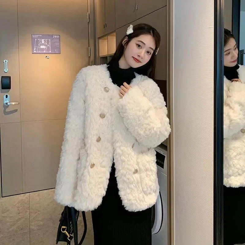 

Women Spring Autumn Faux Fur Jackets Solid Colors Furry Coats Champagne Colored Button Loose Casual Jackets New All Match Coats