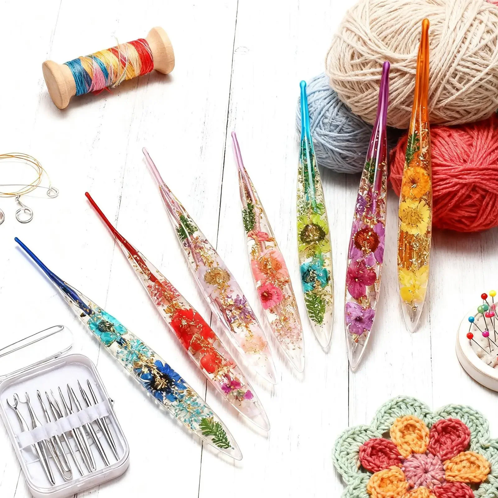 9 Pieces Resin Crochet Hooks Ergonomic Stylish Floral Craft Yarn Weave Knitting Crochet Needles Kit for Blanket Doll Hat Scarf