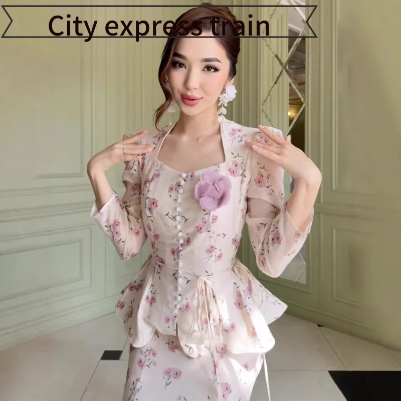 

Floral Print Slim Fit Faionable Dr Sexy Sweet Ele Long Spring 2025 Polyester Material Nine Sve Length Bubble Sve