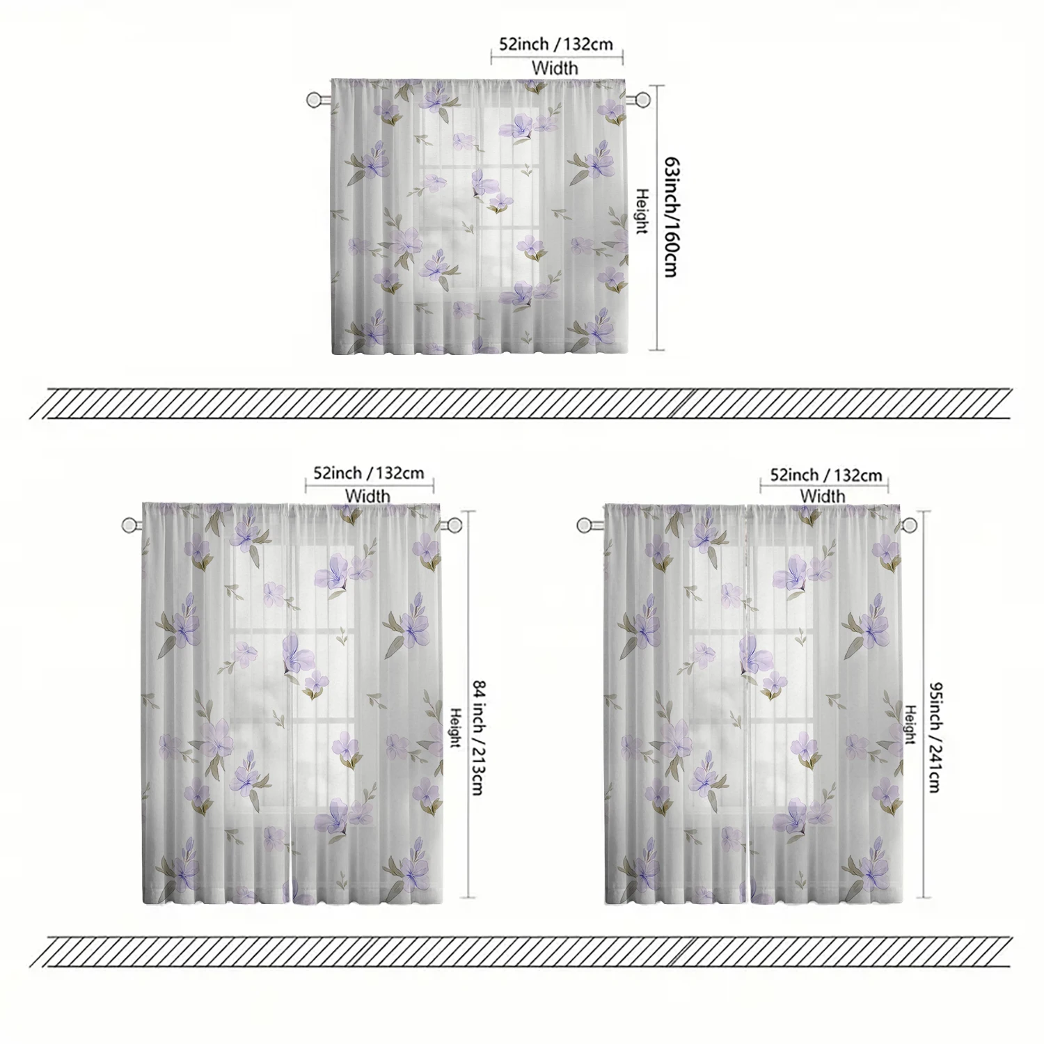 2 Pieces HD Digital  Purple small floral fragments Printed Window Screen Home Decor Style Decoration Living Room Bedroom Rod