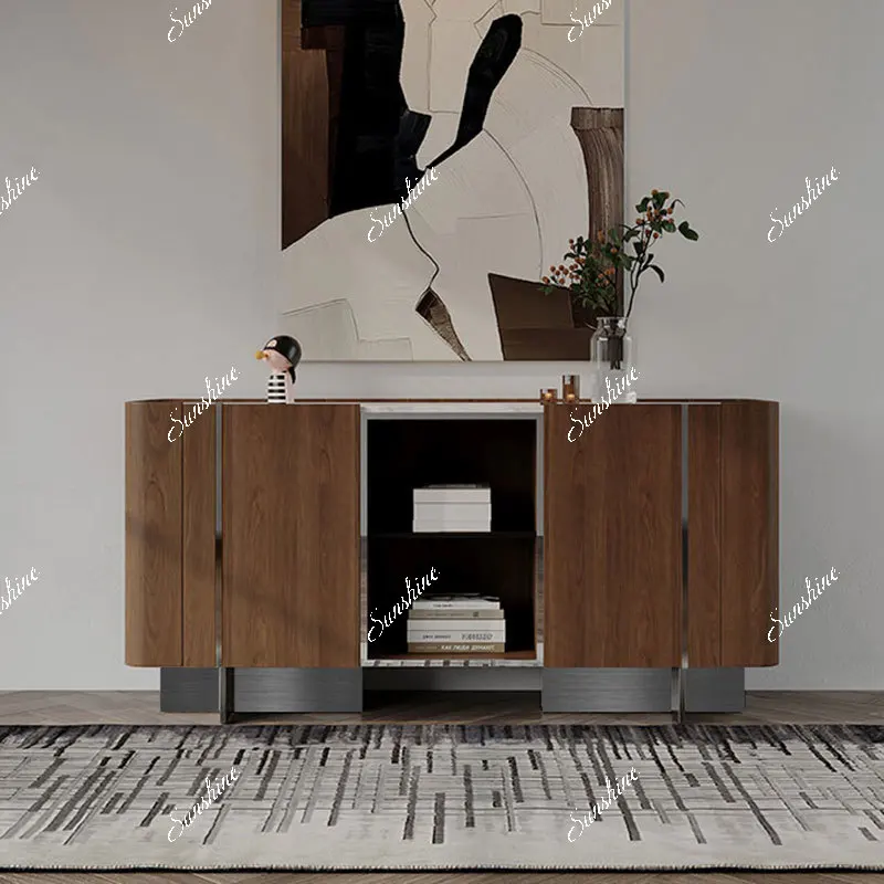 Modern Minimalist Marble Walnut Grain Entrance Cabinet Solid Wood Locker Side Cabinet