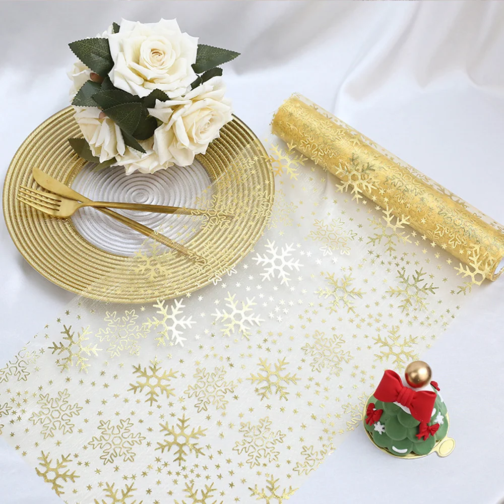 11*108 Inch Winter Snowflake Table Runner Gold Organza Christmas Holiday Runner for Dining Table New Year Party Decor