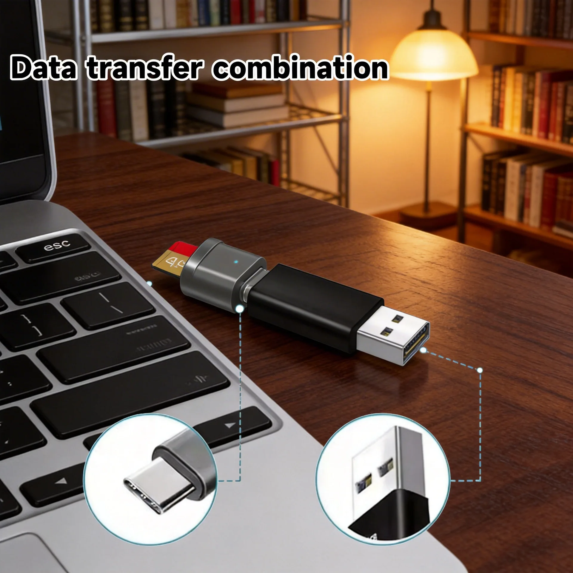 Type-C TF Card Reader with Zinc Alloy Shell, SD Card Reader, Includes USB-C to USB Adapter for Laptop, Tablet, Smartphone