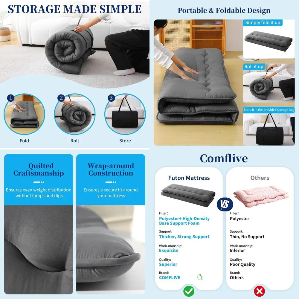 

Full Size 4 Thick Foldable Futon Mattress with 5-Layer Tatami, Storage Bag & Straps - Ideal for Kids, Adults, Dorms, Guests, Cam