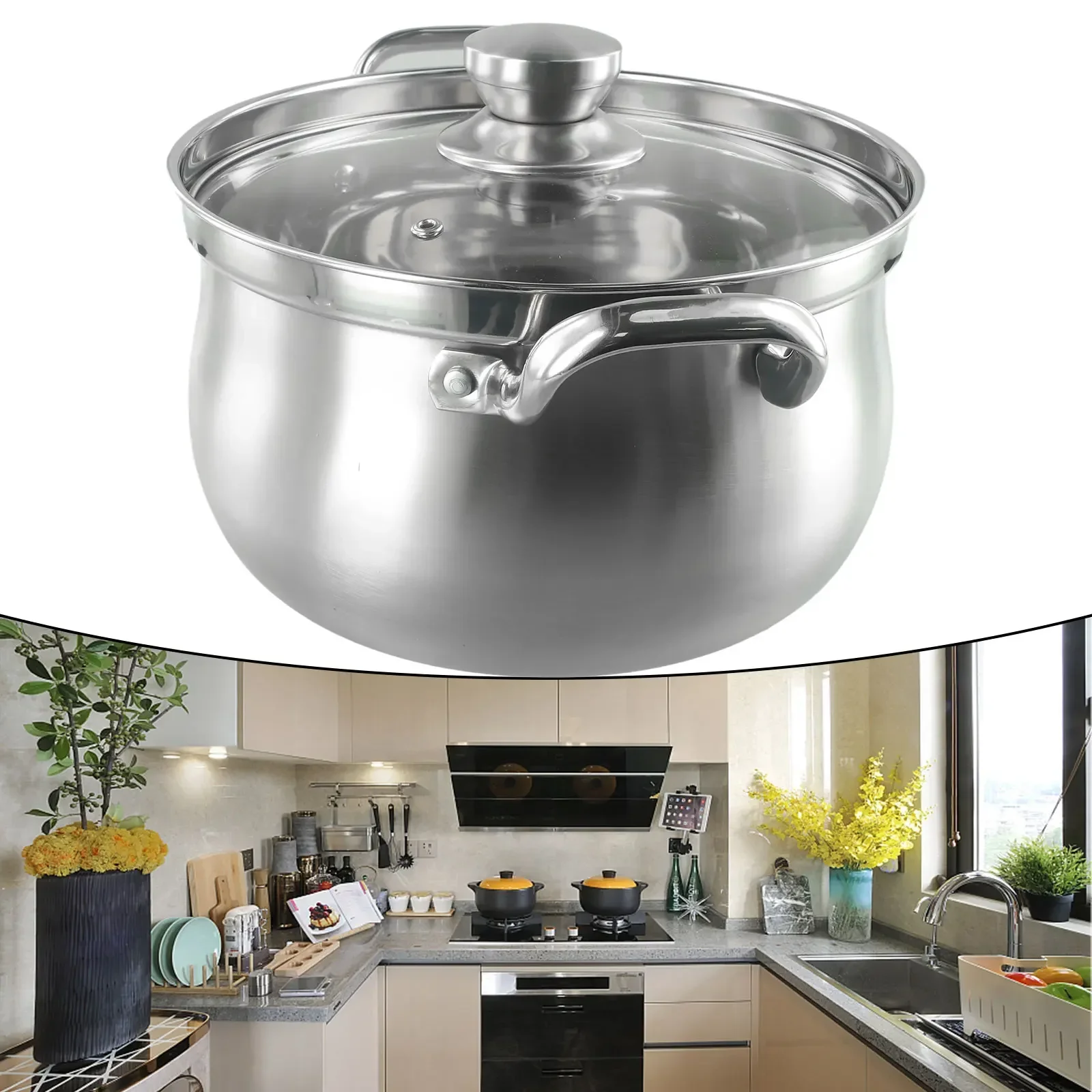

24CM Stainless Steel Induction Base Soup Kitchen Bar Kitchen Bar Cookware Steam Stew Soup Pot Prevent Overflow With Glass Lid