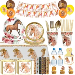 Horse Birthday Party Decoration Horse Theme Tableware Supplies Paper Cups PlatesTablecloth Backdrop Balloons Baby Birthday Gifts