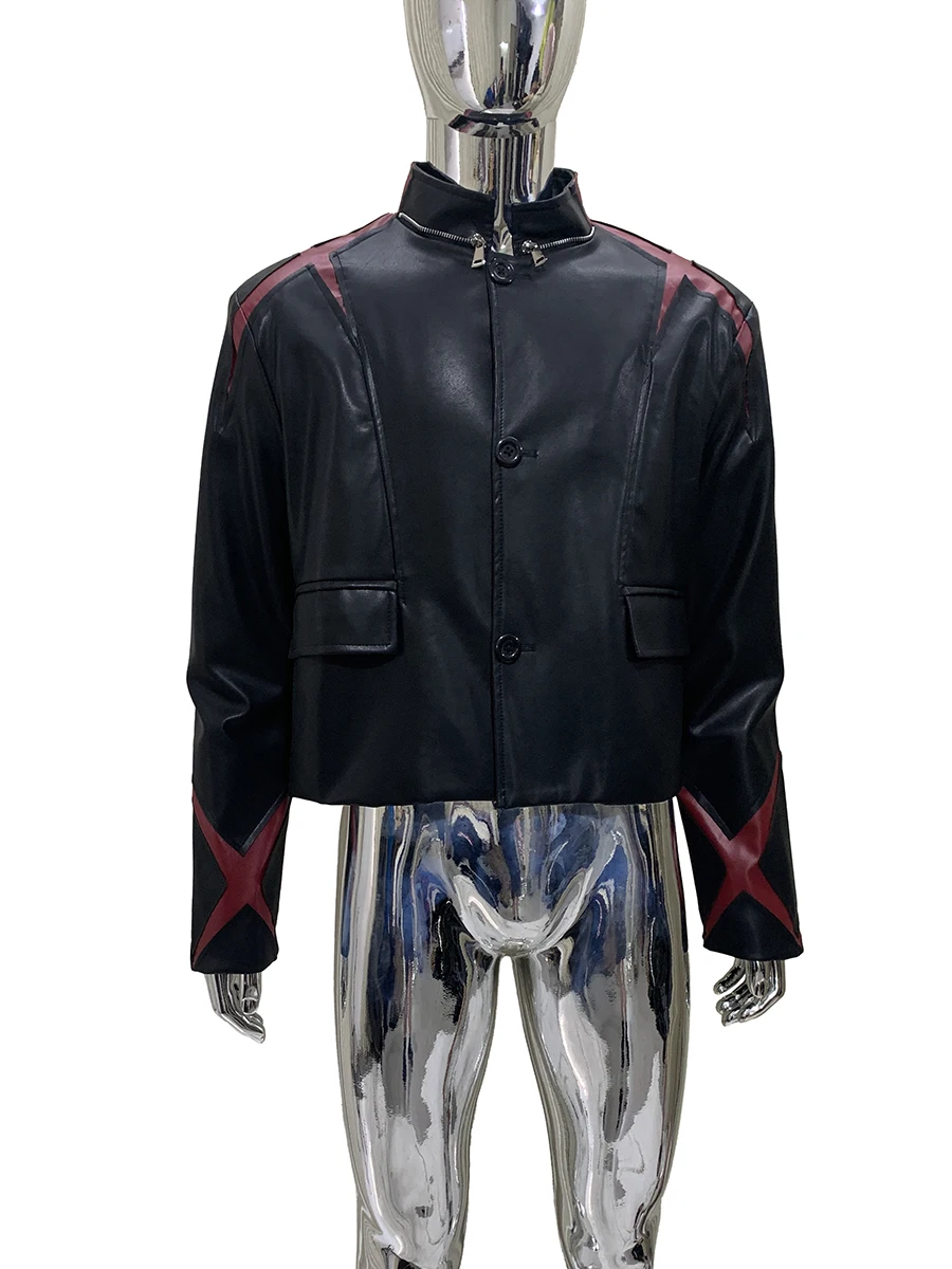 Spring Autumn Short Patchwork Color Block Pu Leather Jacket Men Single Breasted Luxury Designer European Fashion Clothes 2025