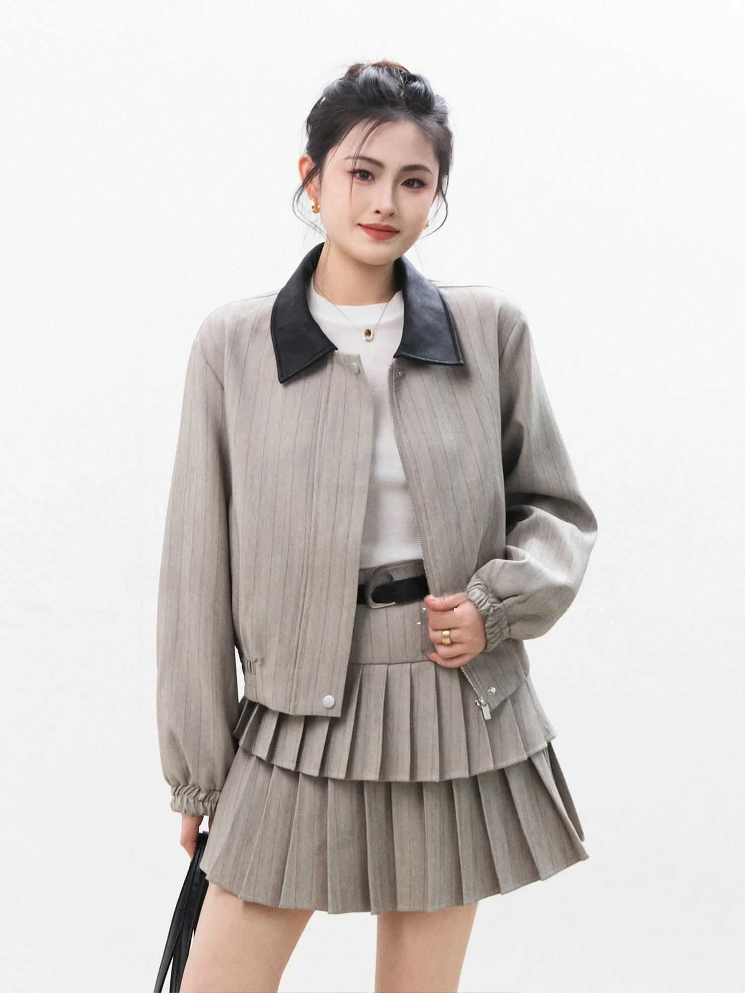 

Chelzy Retro Collar Jaet And Pleated Skirt Set Women's Faion Slimming Spring Autumn Outfit Two-Piece Set Casual Work Date