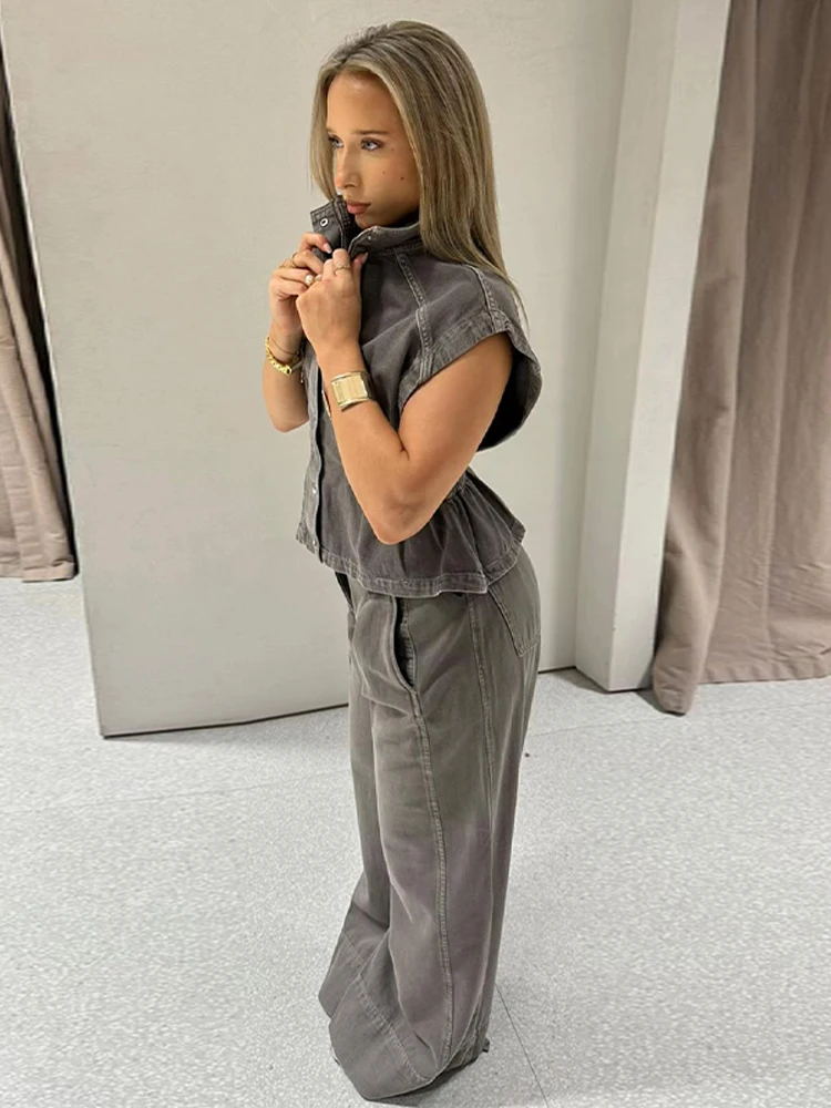 Damen-Hosenanzüge Denim Rollkragen Ärmellose Taillenbetonte Weste Hochgeschnittene Weite Hose Schicke Damen-Outfits Neue Partykleidung – Detail 9