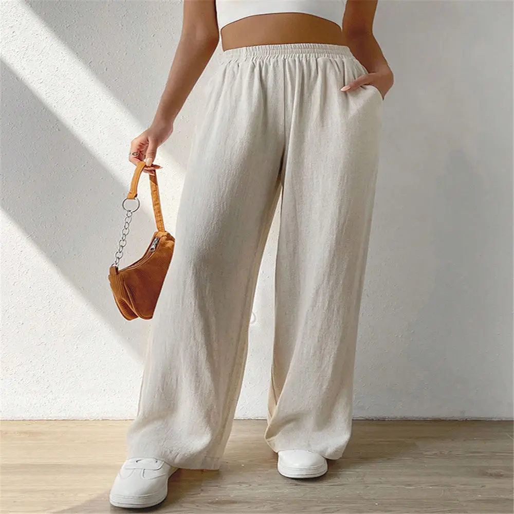 Pantalon à jambes larges pour femmes, pantalon en coton et lin mélangé, taille haute, fjOffice Lady Casual Streetwear, été