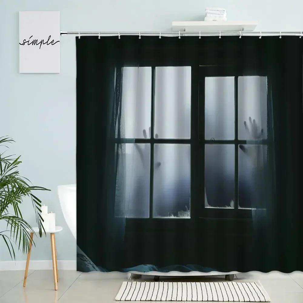 Horror Hand Shadow Window View Shower Curtain Happy Halloween Holiday Bathroom Wall Decor With Hook Waterproof Polyester Screen