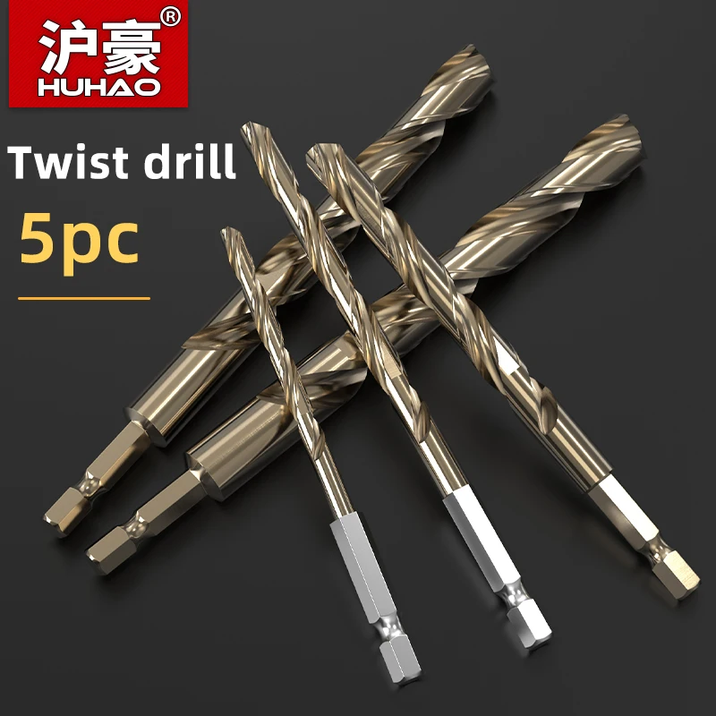 HUHAO 5pcs Wood Metal Hole HSS Twist Drill Bit Set 1/4 Hex Shank Titanium Coated Stainless Steel Driller 2 to 6mm Free Shipping