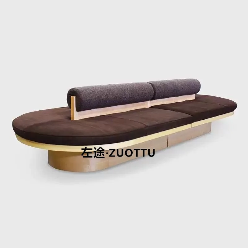 Solid wood double-sided seat oval sofa, clubhouse lobby business reception Nakajima stool fabric deck sofa