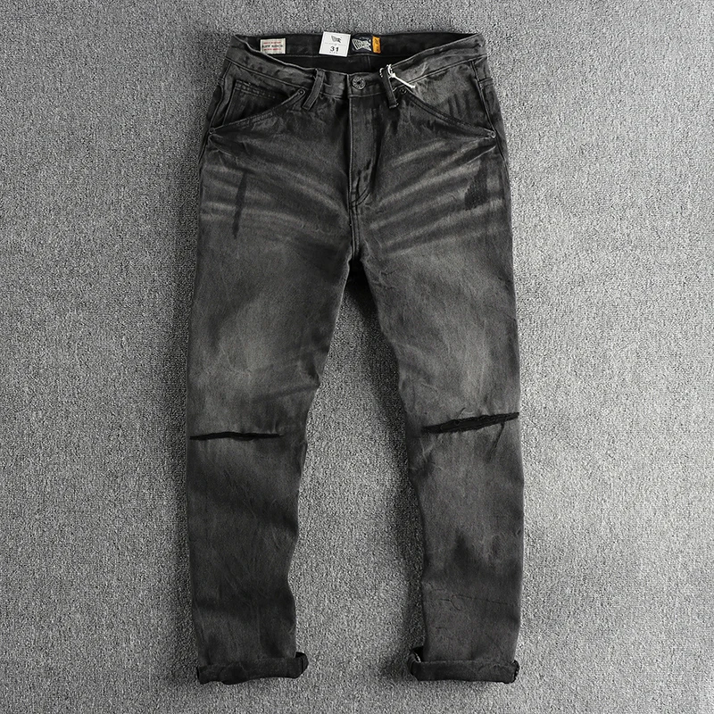 

Heavyweight Black Denim Jeans for Men 100% Cotton American Spring Vintage Ripped Hole Washed Pants Youth Male Slim Fit Trousers