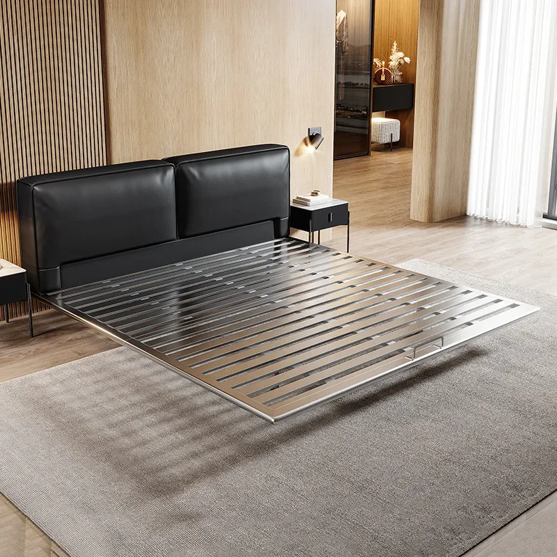 Italian minimalist leather bed, flush-edged double, master bedroom marriage bed