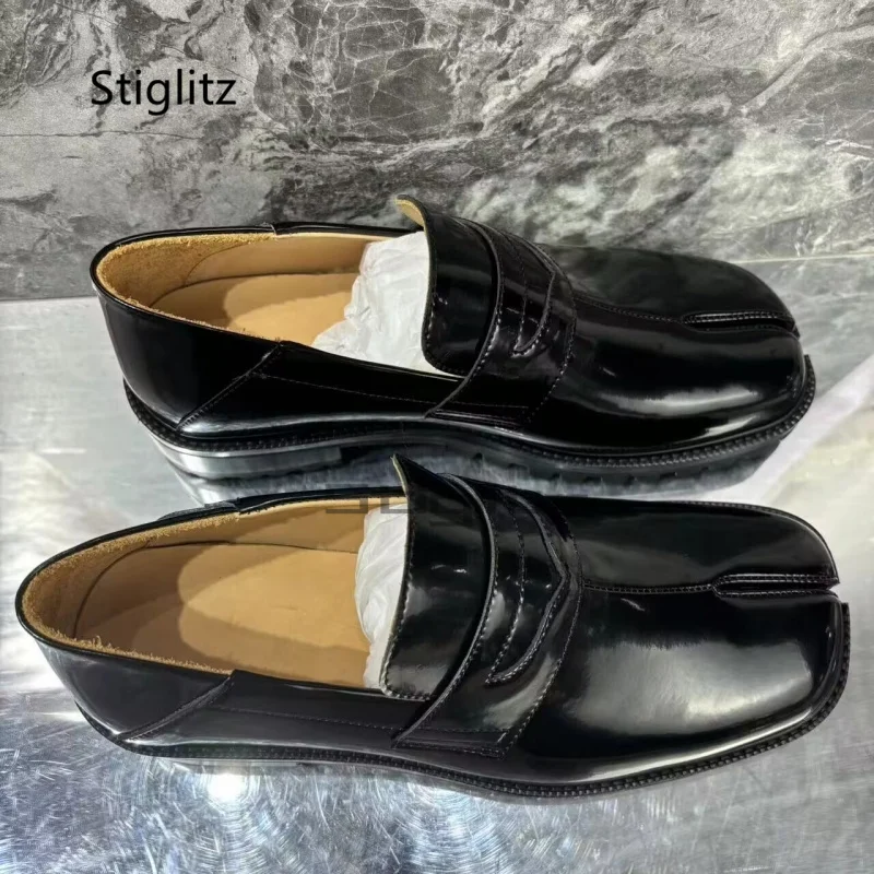 Chunky Platform Black Split Toe Shoes for Men Genuine Leather Loafers Cattlehide Business Casual Oxfords Dress Shoes Male Shoes