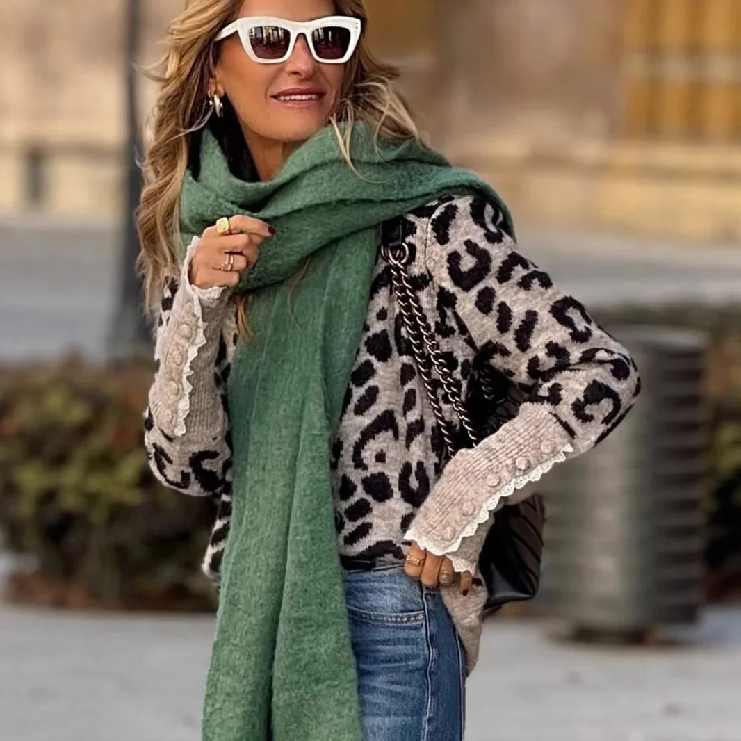 Maglione leopardato patchwork in pizzo moda donna O-collo manica lunga streetwear pullover 2025 autunno nuova signora chic maglieria