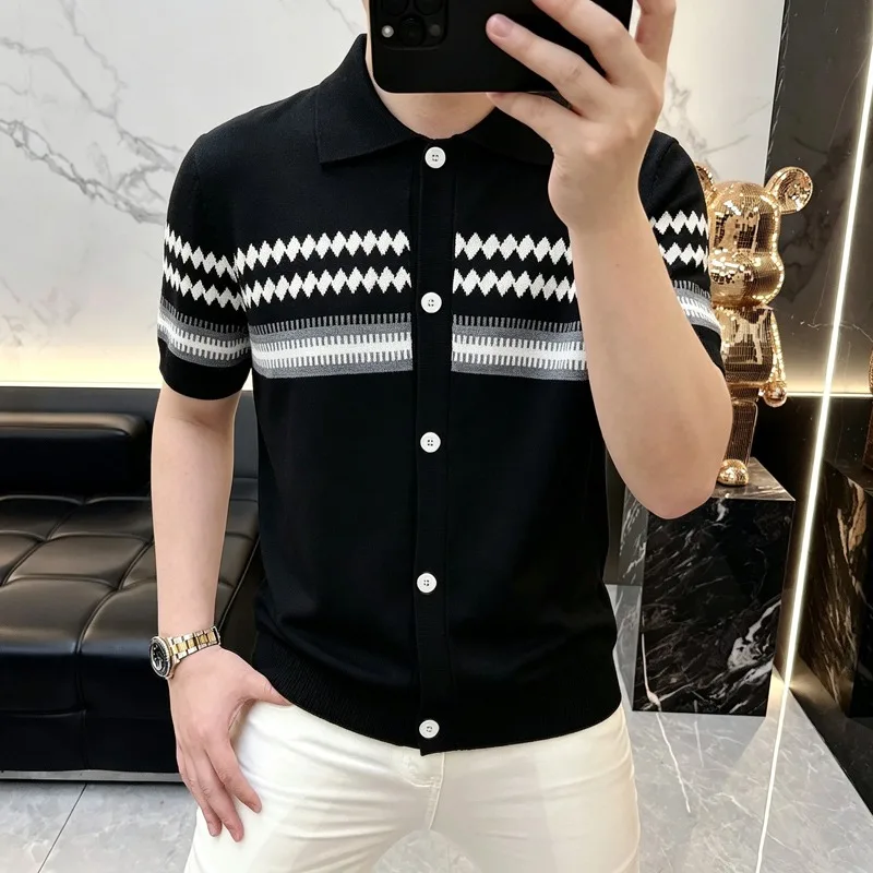 Summer Hollow Knitted Ice Silk Striped Polo Shirts Men Breathable Short Sleeved Casual T-shirt Business Social Knit Cardigan