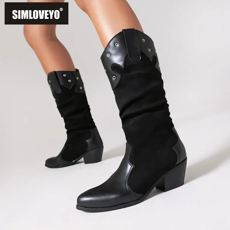 SIMLOVEYO Mid Calf Boots Pointed Toe Block Heels 5.3cm Flock Slip On Pleated Rivets Daily Bota Mixed Big Size 43