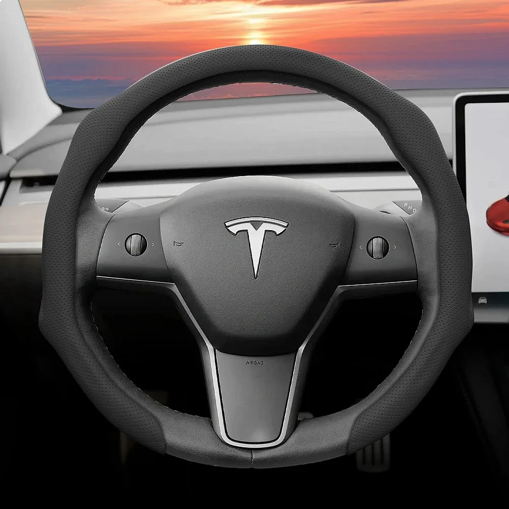 Suitable for Tesla Perforated Leather Steering Wheel Cover, Non-Slip, Sweat-Absorbent,  Integrated Snap-On Protective Case