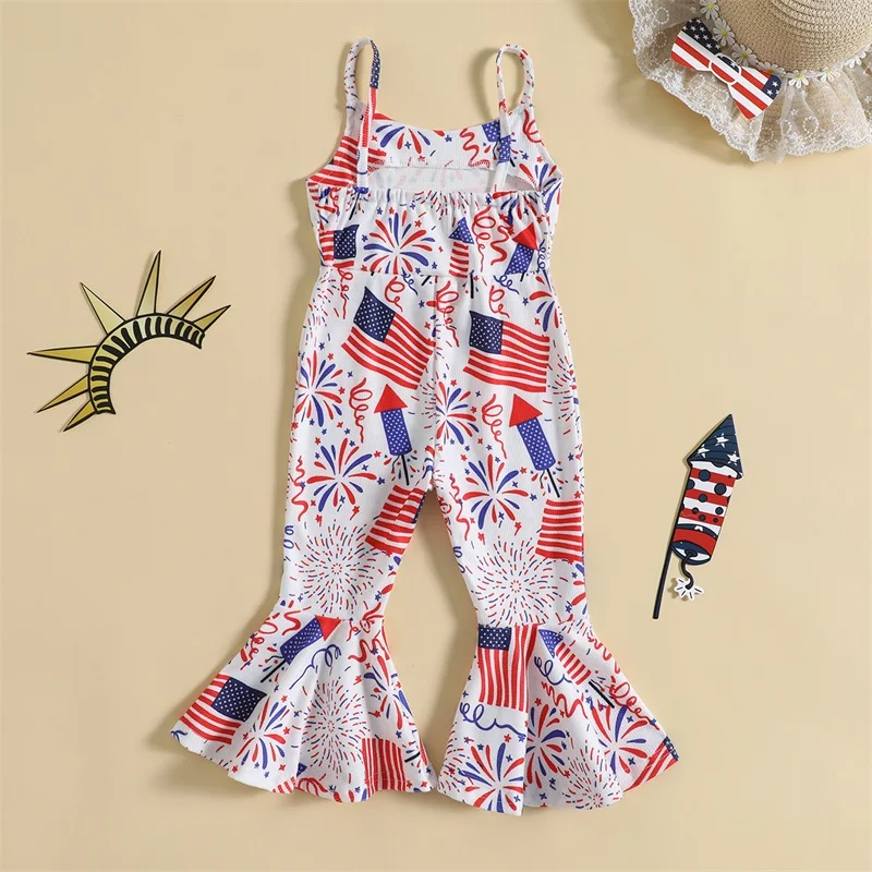 Toddler Girl Sleeveless Romper Patriotic American Flag Print Summer Jumpsuit with Bell-Bottoms Pants and Fireworks Design