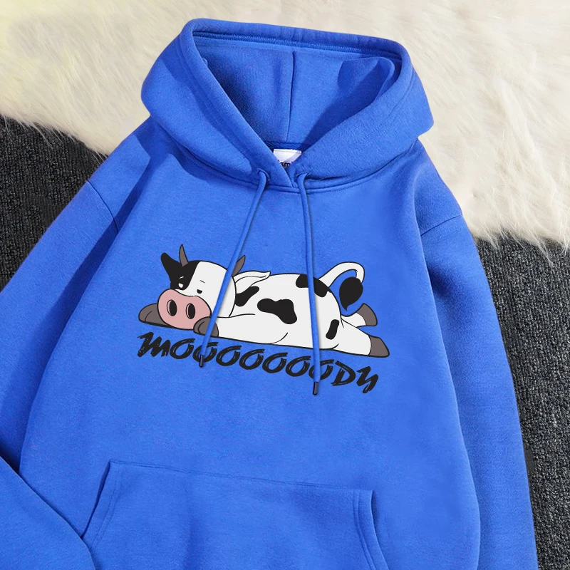 Street Womans Hoodies Kawaii Spotted Cow Printing Sweatshirts Breathable Loose Fleece Warm Pullovers Autumn Winter Sportswear