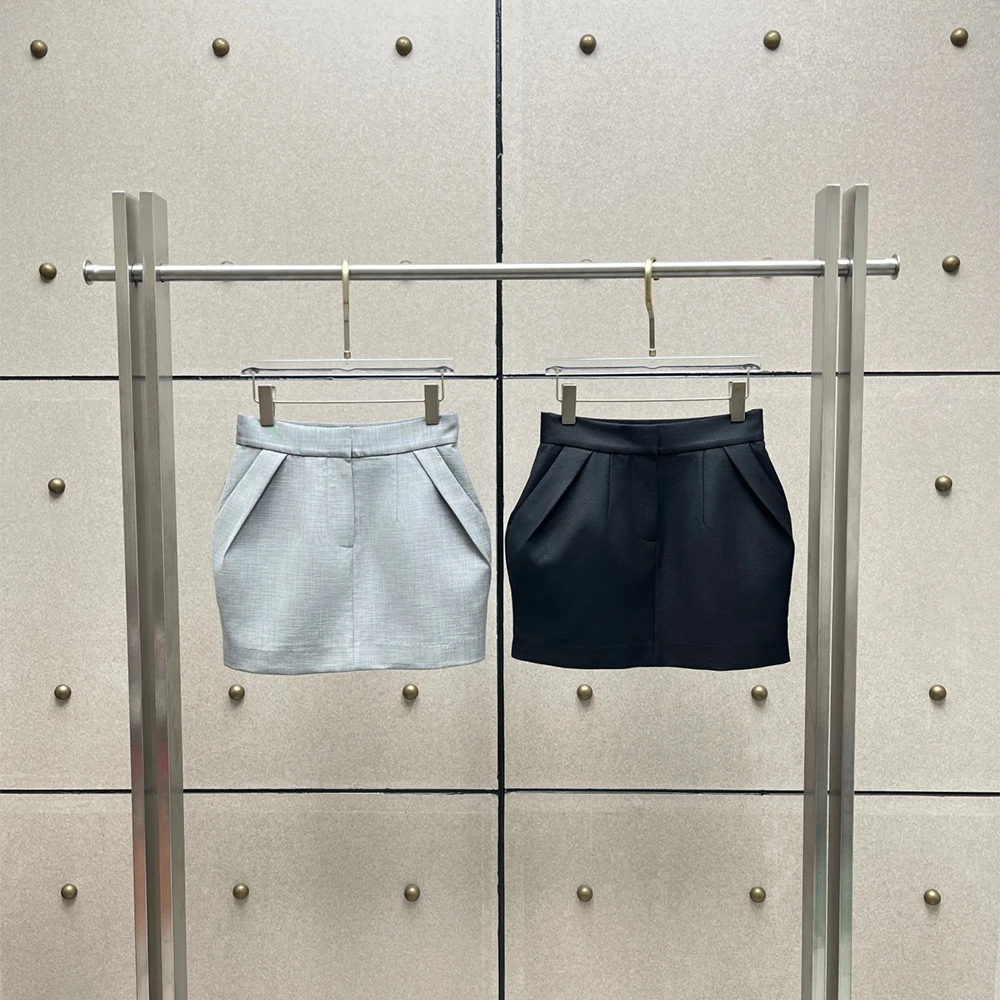Ladies Formal High‑waisted Mini Skirt Front Pleat Pocket Design Slim Pencil Skirt Office Commuter Casual Short Skirt For Women