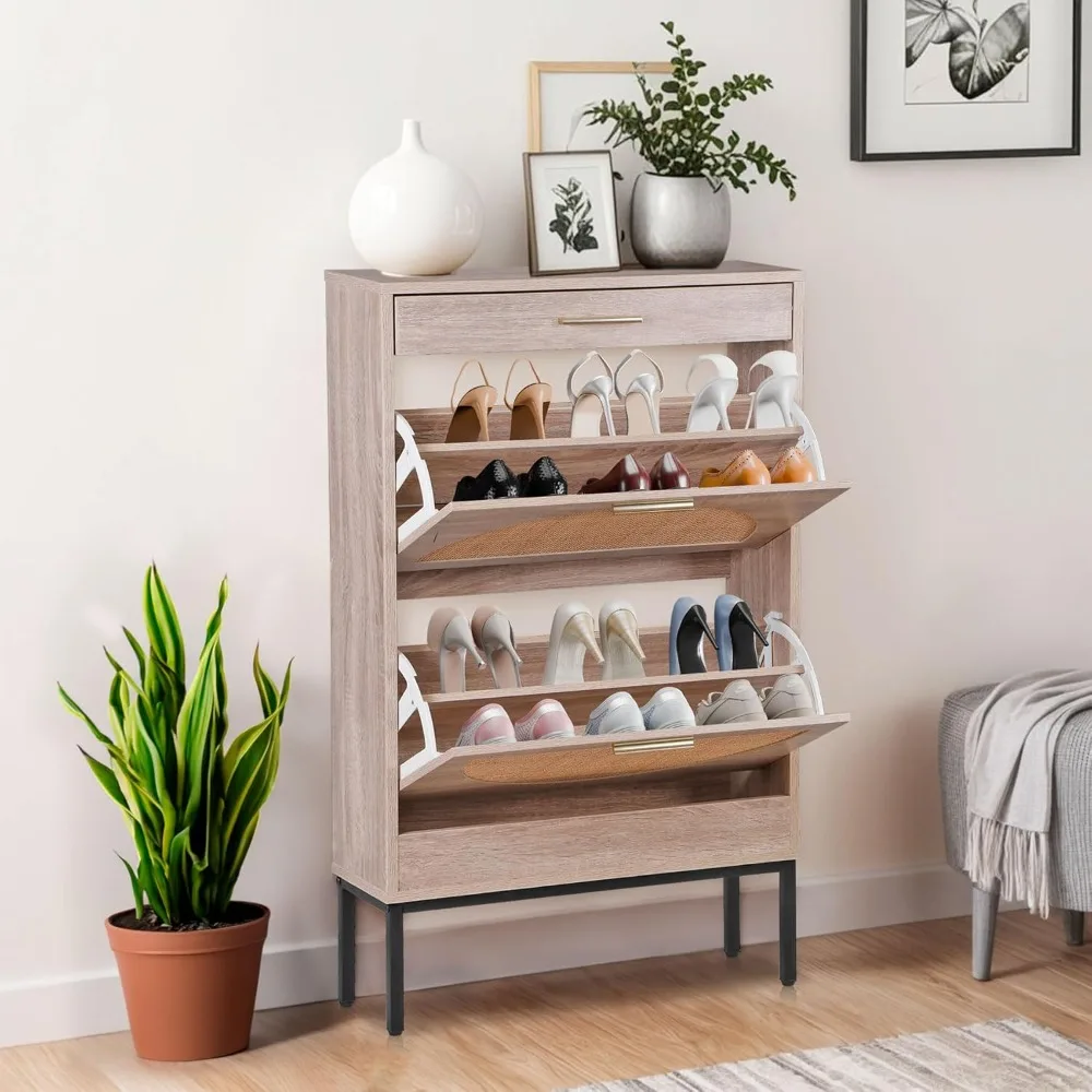 

Rattan Shoe Cabinet - Freestanding Shoe Storage w/ 2 Flip Drawers & 1 Drawer, Narrow Shoe Organizer Rack for Entryway, Living Ro