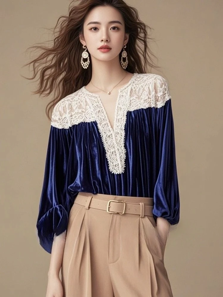 

Navy Blue Velvet Blouses Patchwork Lace V-neck Long Sleeved Shirt for Women 2025 New Popular Autumn Elegant All Match Clothing