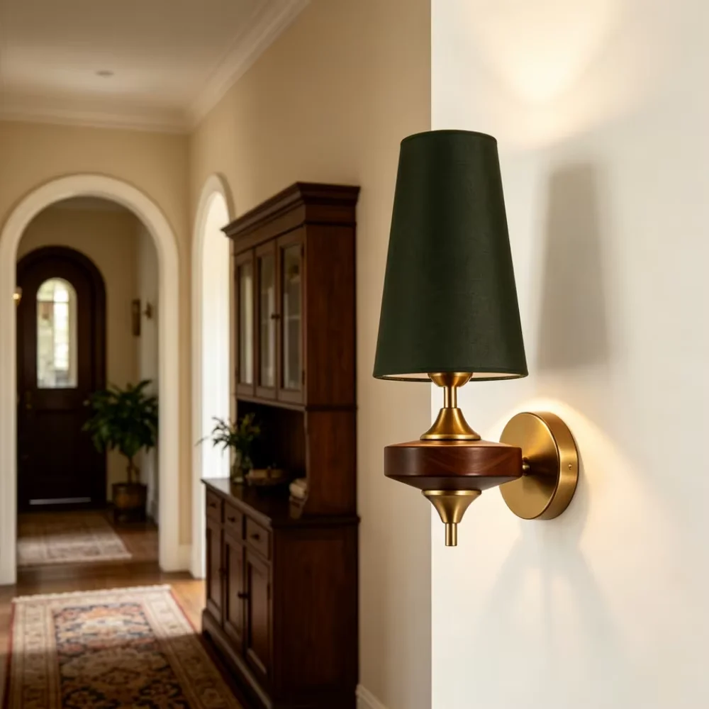 Mid Century Wall Sconce Light Green Tapered Fabric Shade Wood Brass Accent Wall Mount Indoor for Sofa Bedroom Entryway Hallway